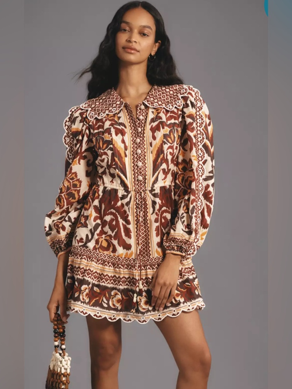 Farm Rio Cream Toucans Scarf Mini Dress L Long Sleeve Boho Printed Scallop Hem